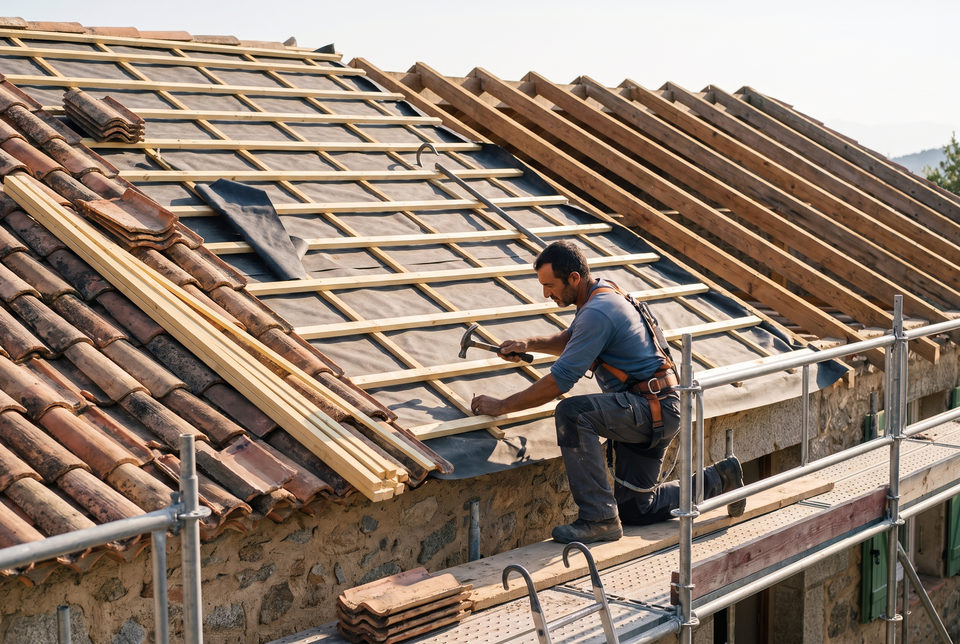 Rénovation de toiture en cours : chevrons, écran de sous-toiture et liteaunage neufs